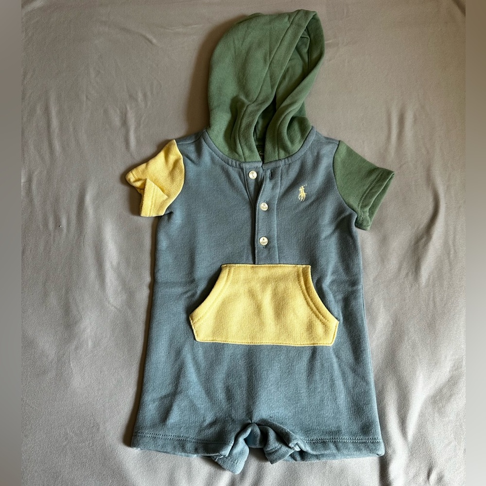 Baby Boys Short Sleeved Color Blocked Fleece Hooded Shortall